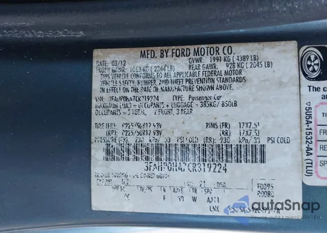 2012 Ford Fusion Se from USA, damaged, VIN 3FAHP0HA7CR319224